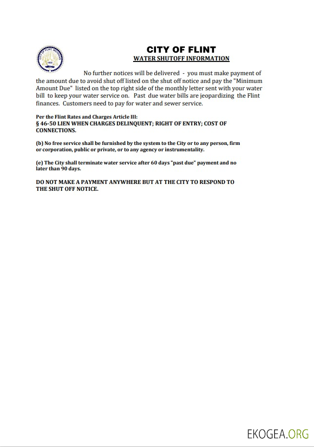 USA City of Flint Michigan water utility bill shutoff notice, Word and PDF template, version 2